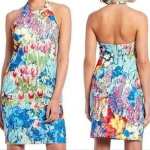 NWT Belle Badgley Mischka Women's Size 12 Royal Multi Halter Dress Floral Print